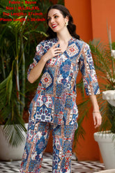 Boho-Inspired Printed Co-ord Set for Women – V-Neck Top & Plazzo